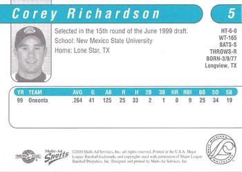 2000 Multi-Ad West Michigan Whitecaps #NNO Corey Richardson Back