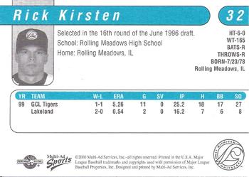 2000 Multi-Ad West Michigan Whitecaps #NNO Rick Kirsten Back