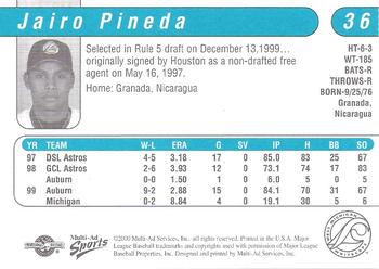 2000 Multi-Ad West Michigan Whitecaps #NNO Jairo Pineda Back