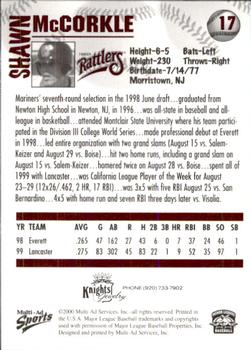 2000 Multi-Ad Wisconsin Timber Rattlers #17 Shawn McCorkle Back