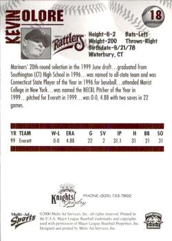 2000 Multi-Ad Wisconsin Timber Rattlers #18 Kevin Olore Back