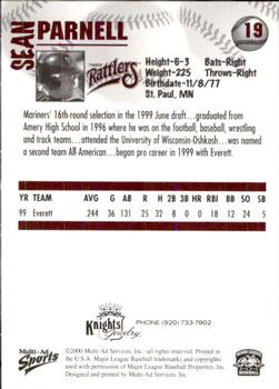 2000 Multi-Ad Wisconsin Timber Rattlers #19 Sean Parnell Back