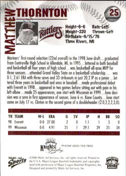 2000 Multi-Ad Wisconsin Timber Rattlers #25 Matthew Thornton Back