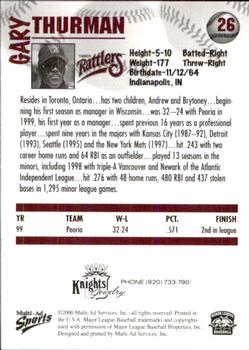 2000 Multi-Ad Wisconsin Timber Rattlers #26 Gary Thurman Back