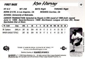 2000 Choice Carolina League Top Prospects #15 Ken Harvey Back