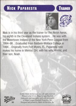 2001 Multi-Ad Akron Aeros #30 Nick Paparesta Back