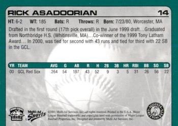 2001 Multi-Ad Augusta GreenJackets #1 Rick Asadoorian Back