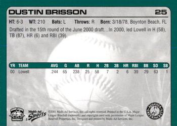 2001 Multi-Ad Augusta GreenJackets #5 Dustin Brisson Back