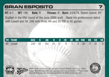 2001 Multi-Ad Augusta GreenJackets #7 Brian Esposito Back