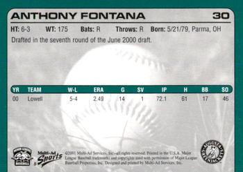 2001 Multi-Ad Augusta GreenJackets #8 Anthony Fontana Back