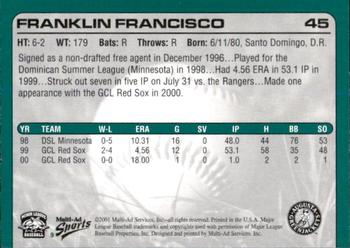2001 Multi-Ad Augusta GreenJackets #9 Franklin Francisco Back