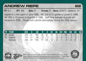 2001 Multi-Ad Augusta GreenJackets #18 Andrew Riepe Back