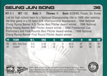 2001 Multi-Ad Augusta GreenJackets #22 Seung Song Back