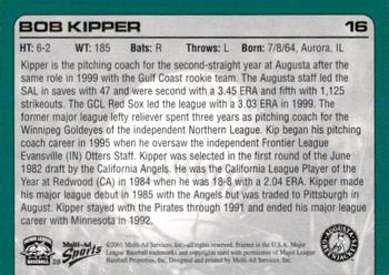 2001 Multi-Ad Augusta GreenJackets #28 Bob Kipper Back