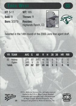2001 Multi-Ad Beloit Snappers #23 Todd West Back