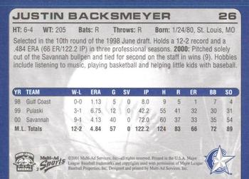 2001 Multi-Ad Charlotte Rangers #2 Justin Backsmeyer Back