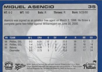 2001 Multi-Ad Clearwater Phillies #1 Miguel Asencio Back