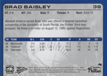 2001 Multi-Ad Clearwater Phillies #2 Brad Baisley Back
