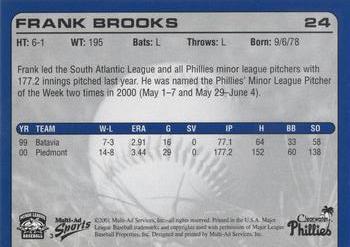 2001 Multi-Ad Clearwater Phillies #3 Frank Brooks Back