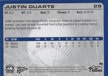 2001 Multi-Ad Clearwater Phillies #7 Justin Duarte Back