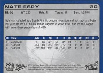 2001 Multi-Ad Clearwater Phillies #8 Nate Espy Back
