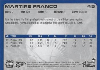 2001 Multi-Ad Clearwater Phillies #9 Martire Franco Back