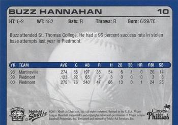 2001 Multi-Ad Clearwater Phillies #12 Buzz Hannahan Back