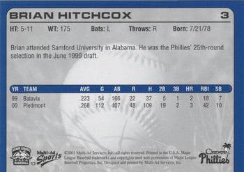 2001 Multi-Ad Clearwater Phillies #13 Brian Hitchcox Back