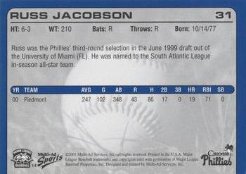2001 Multi-Ad Clearwater Phillies #14 Russ Jacobson Back