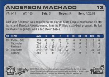 2001 Multi-Ad Clearwater Phillies #18 Anderson Machado Back