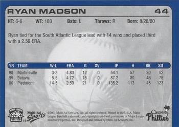 2001 Multi-Ad Clearwater Phillies #19 Ryan Madson Back