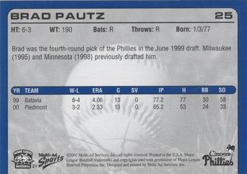 2001 Multi-Ad Clearwater Phillies #21 Brad Pautz Back