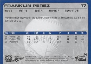 2001 Multi-Ad Clearwater Phillies #22 Franklin Perez Back
