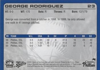 2001 Multi-Ad Clearwater Phillies #23 George Rodriguez Back