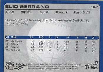 2001 Multi-Ad Clearwater Phillies #24 Elio Serrano Back