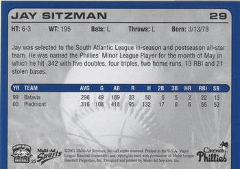 2001 Multi-Ad Clearwater Phillies #25 Jay Sitzman Back