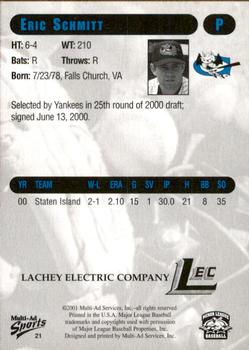 2001 Multi-Ad Greensboro Bats #21 Eric Schmitt Back