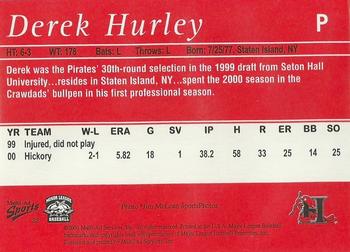 2001 Multi-Ad Hickory Crawdads #22 Derek Hurley Back