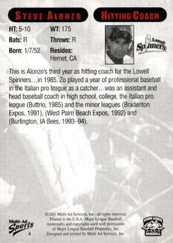 2001 Multi-Ad Lowell Spinners #4 Steve Alonzo Back