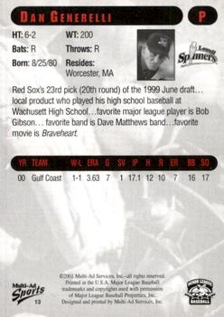2001 Multi-Ad Lowell Spinners #13 Dan Generelli Back