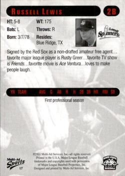 2001 Multi-Ad Lowell Spinners #17 Russell Lewis Back