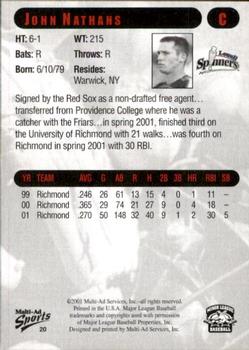 2001 Multi-Ad Lowell Spinners #20 John Nathans Back