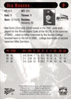 2001 Multi-Ad Lowell Spinners #25 Jed Rogers Back