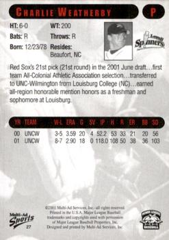 2001 Multi-Ad Lowell Spinners #27 Charlie Weatherby Back