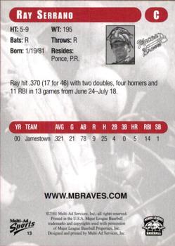 2001 Multi-Ad Macon Braves #13 Ray Serrano Back