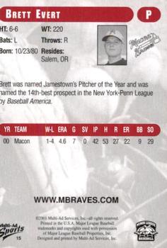 2001 Multi-Ad Macon Braves #15 Brett Evert Back