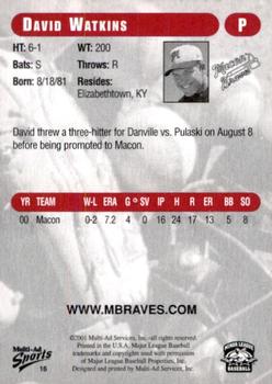 2001 Multi-Ad Macon Braves #16 David Watkins Back