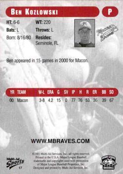 2001 Multi-Ad Macon Braves #17 Ben Kozlowski Back
