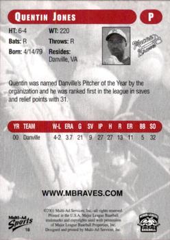 2001 Multi-Ad Macon Braves #18 Quentin Jones Back