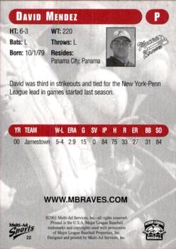 2001 Multi-Ad Macon Braves #22 David Mendez Back